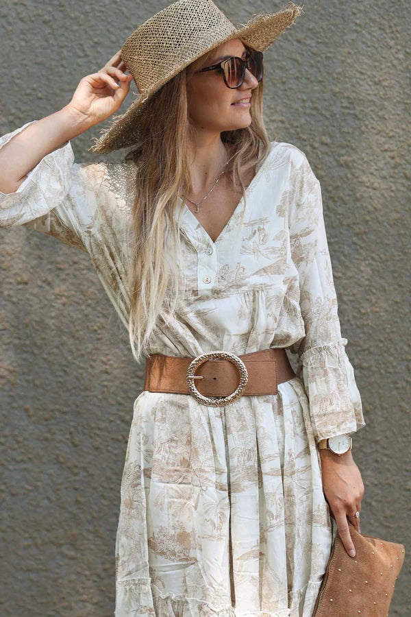 Model wearing Tiered Maxi Dress With Toile De Jouy Beige Print