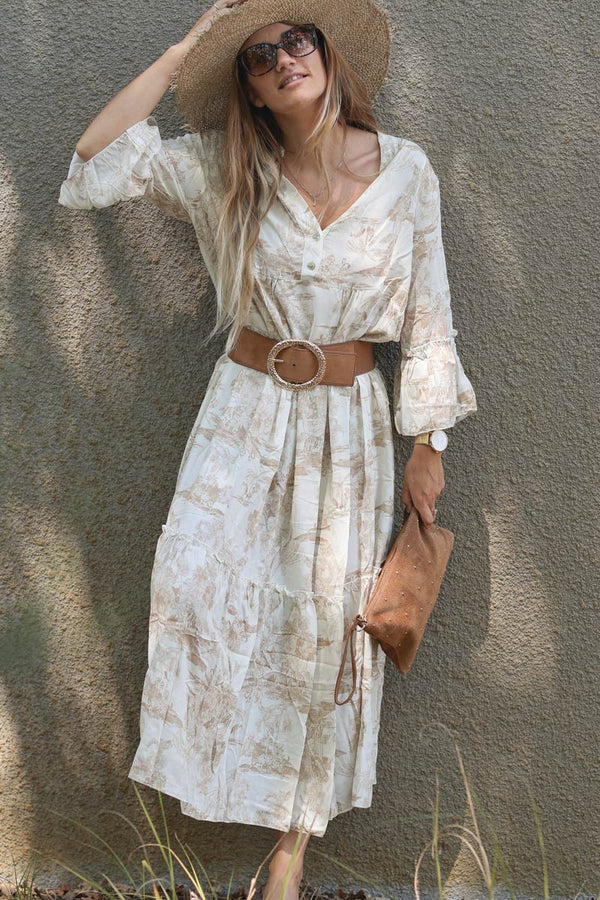 Model wearing Tiered Maxi Dress With Toile De Jouy Beige Print