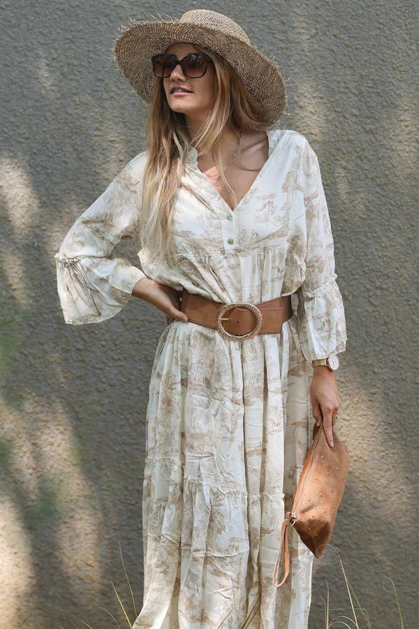 Model wearing Tiered Maxi Dress With Toile De Jouy Beige Print