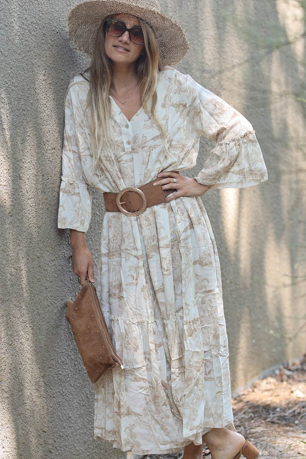 Model wearing Tiered Maxi Dress With Toile De Jouy Beige Print