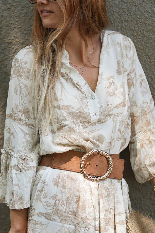 Zoom on Model wearing Tiered Maxi Dress With Toile De Jouy Beige Print