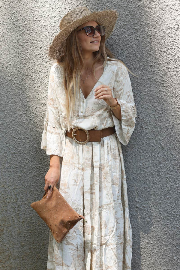 Model wearing Tiered Maxi Dress With Toile De Jouy Beige Print
