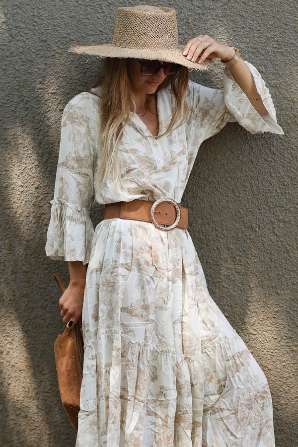 Model wearing Tiered Maxi Dress With Toile De Jouy Beige Print