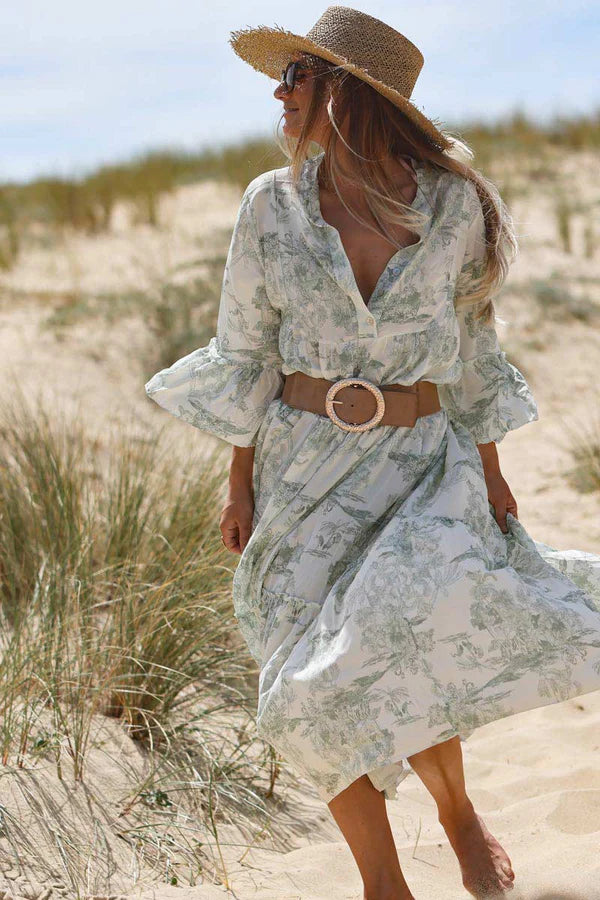Model wearing Tiered Maxi Dress with Toile de Jouy Olive Print
