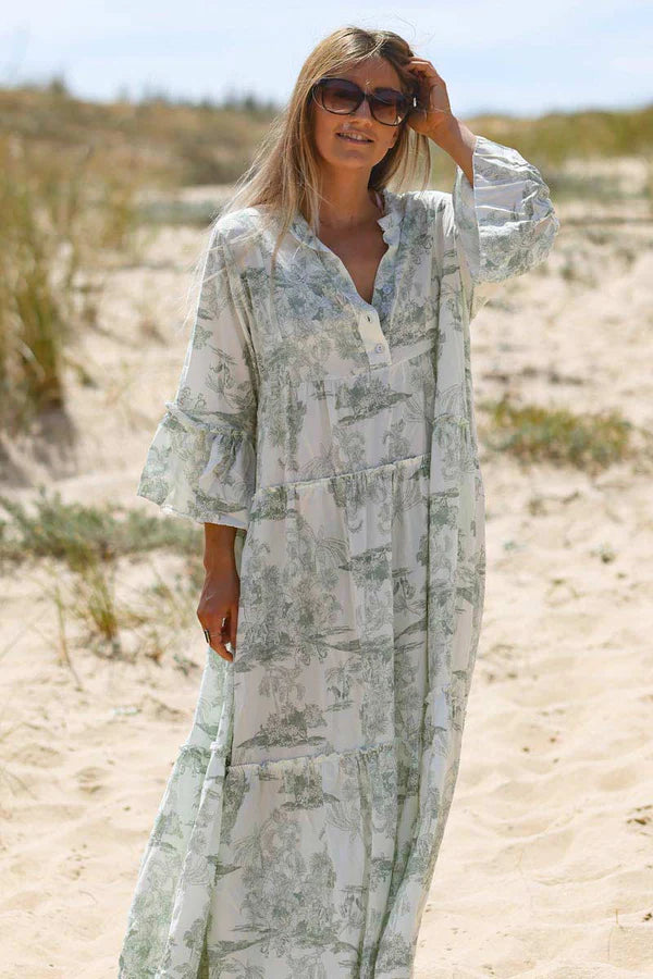 Model wearing Tiered Maxi Dress with Toile de Jouy Olive Print