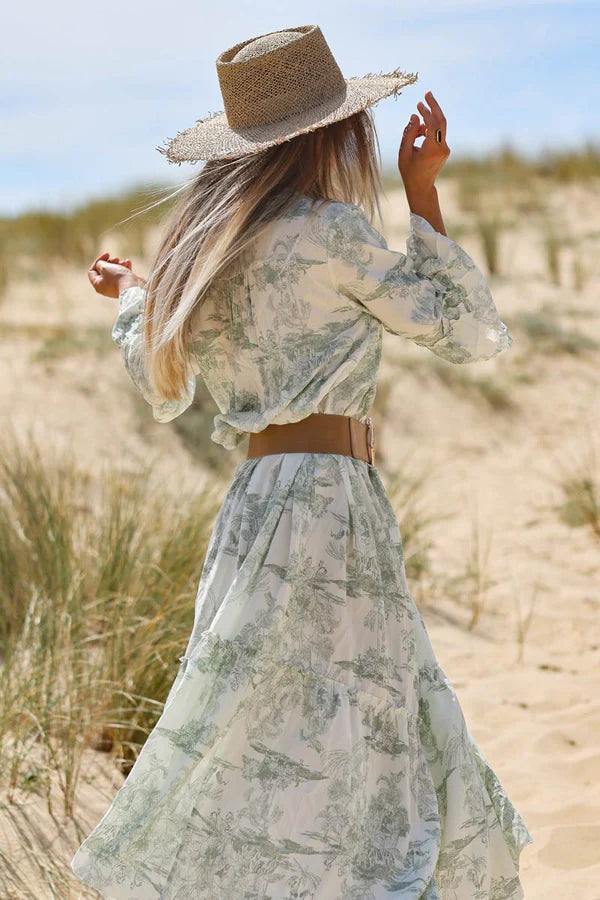 Model wearing Tiered Maxi Dress with Toile de Jouy Olive Print
