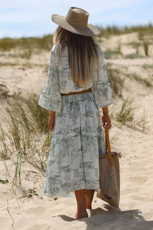Model wearing Tiered Maxi Dress with Toile de Jouy Olive Print