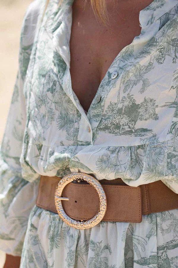 Model wearing Tiered Maxi Dress with Toile de Jouy Olive Print