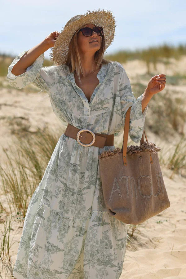 Model wearing Tiered Maxi Dress with Toile de Jouy Olive Print