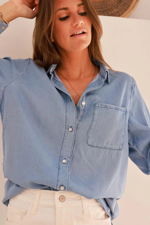 Medium Blue Denim Look Button-Down Shirt
