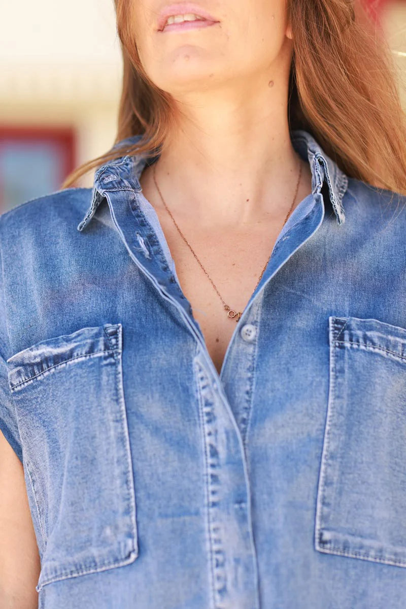 Medium Wash Cap-Sleeve Denim Shirt