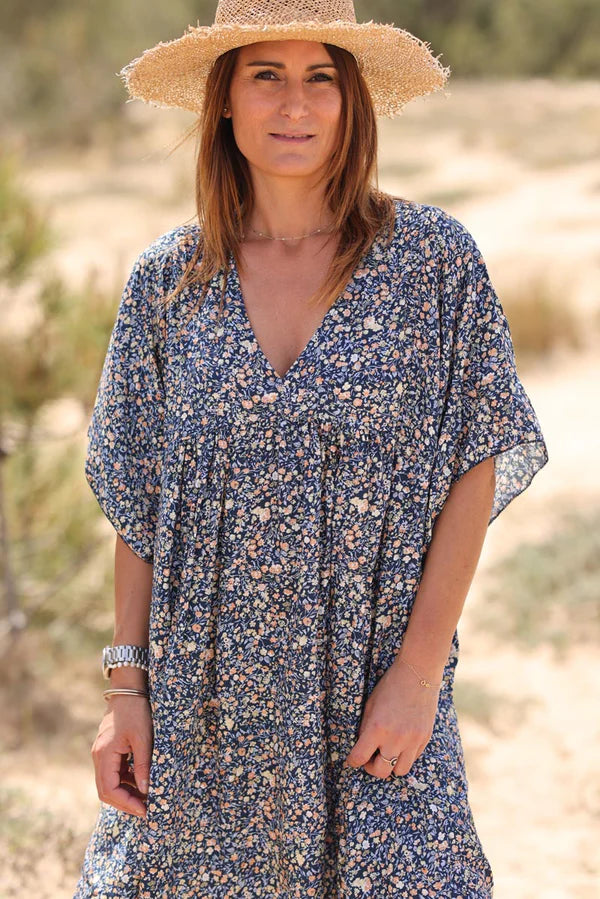 Model wearing Navy Blue Liberty Print Flowing Smock Dress