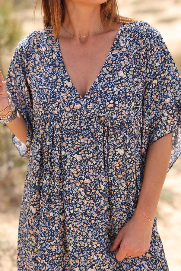 Model wearing Navy Blue Liberty Print Flowing Smock Dress