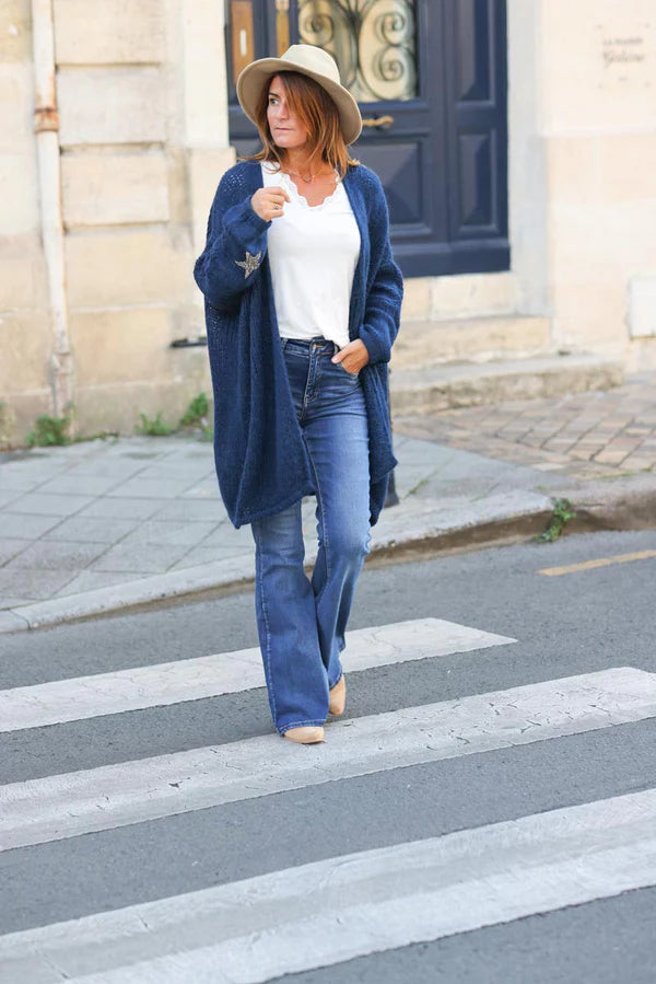 Navy blue Medium-Long Chunky Knit Cardigan with Rhinestone Star detail