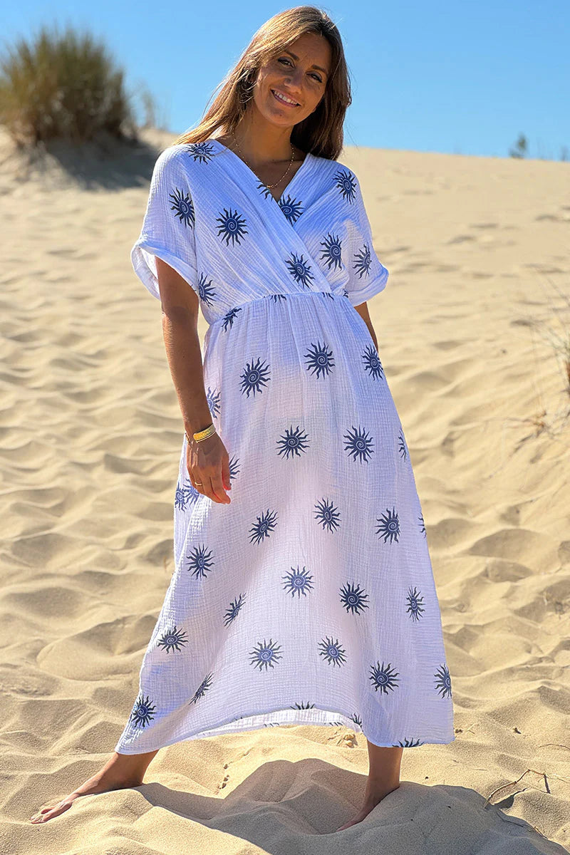 Navy Blue Sunburst Gauze Dress