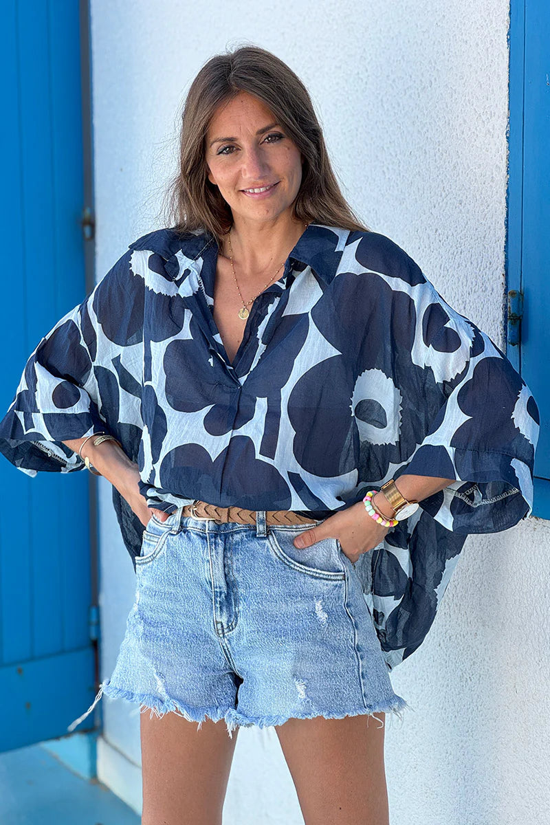 Navy Floral Sleeveless Cropped Blouse