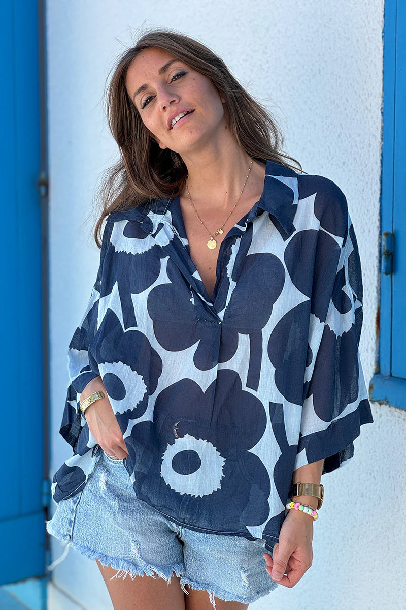 Navy Floral Sleeveless Cropped Blouse