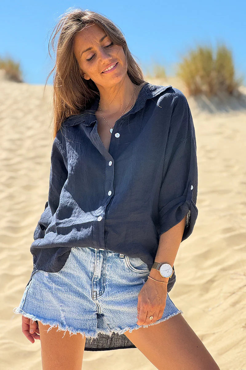 Navy Roll-Cuff Button-Down Blouse