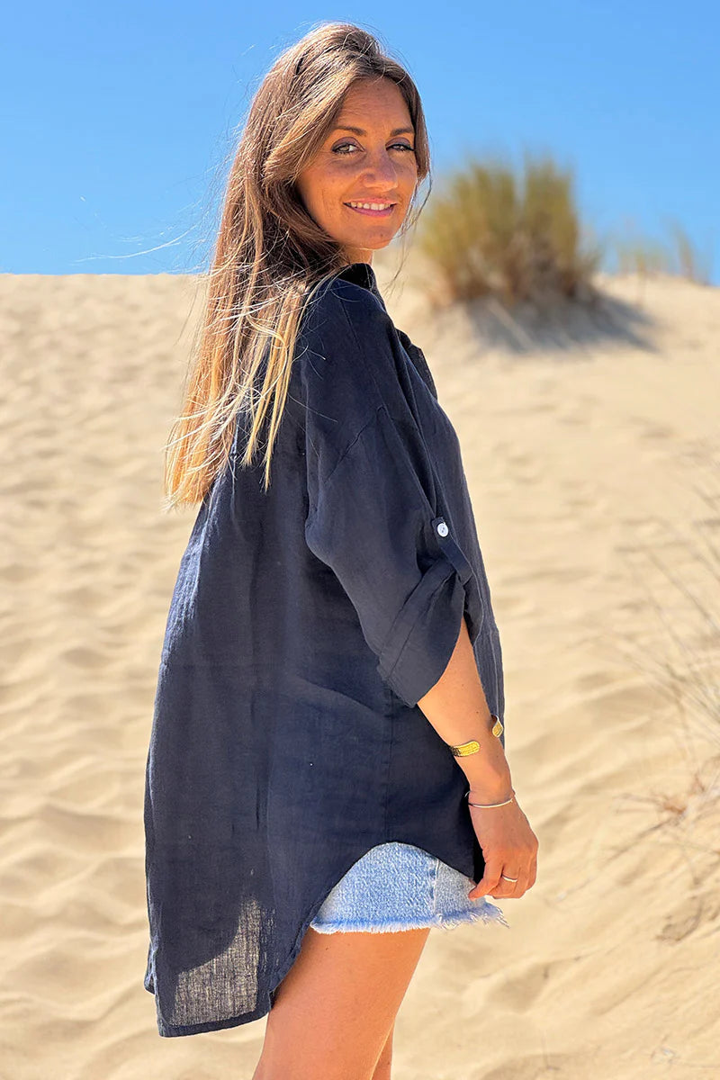 Navy Roll-Cuff Button-Down Blouse