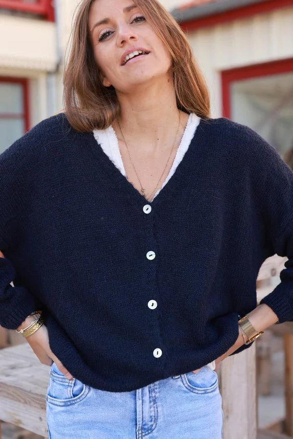 Navy Wool Blend V-Neck Knit Cardigan