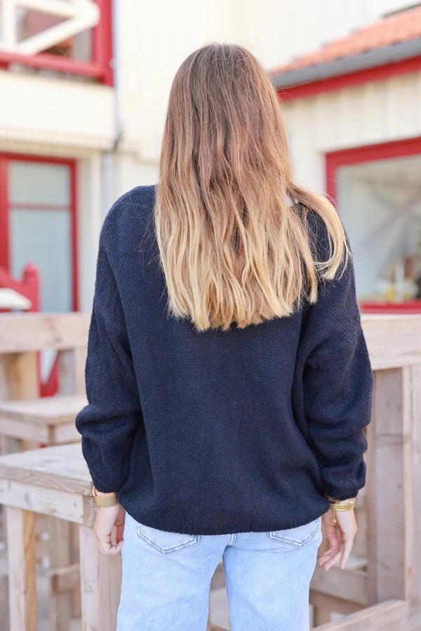 Navy Wool Blend V-Neck Knit Cardigan