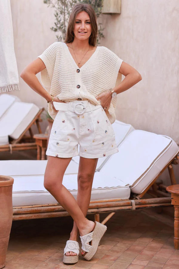 Off white Embroidered Floral Belted Shorts
