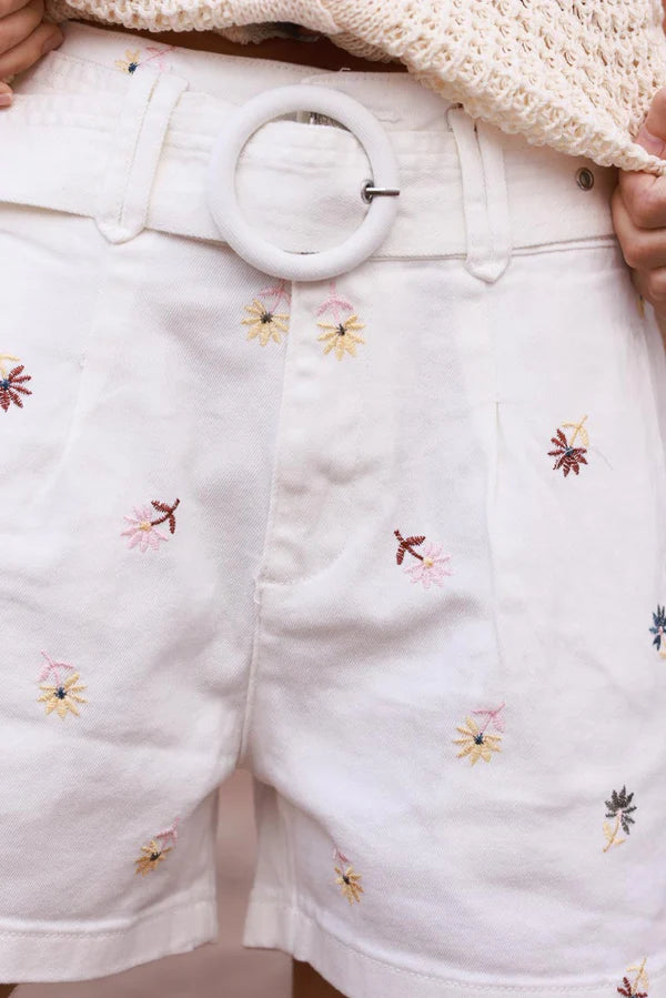 Off white Embroidered Floral Belted Shorts