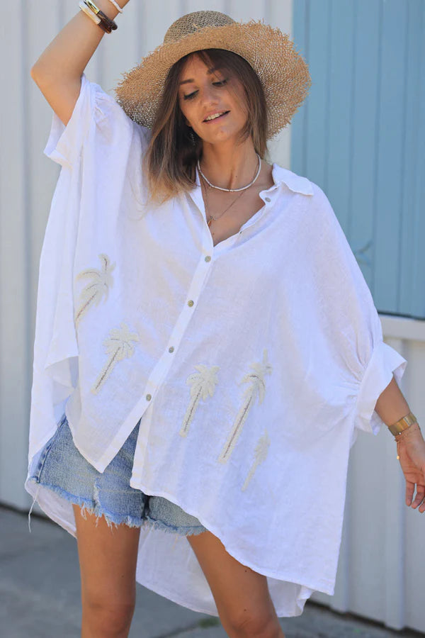 Off White Linen Blend Oversized Button-Down Shirt with Palm Tree in Boucle