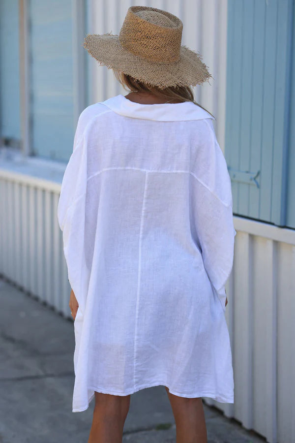Off White Linen Blend Oversized Button-Down Shirt with Palm Tree in Boucle