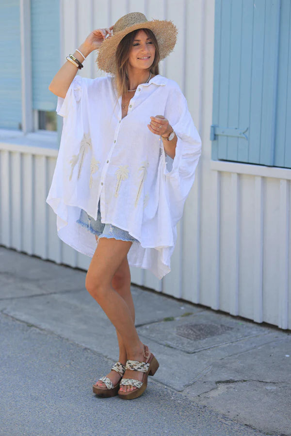 Off White Linen Blend Oversized Button-Down Shirt with Palm Tree in Boucle