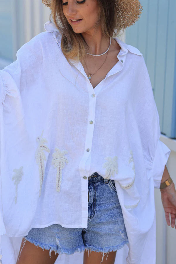 Off White Linen Blend Oversized Button-Down Shirt with Palm Tree in Boucle