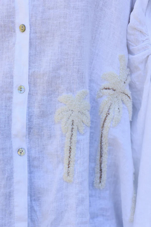 Off White Linen Blend Oversized Button-Down Shirt with Palm Tree in Boucle