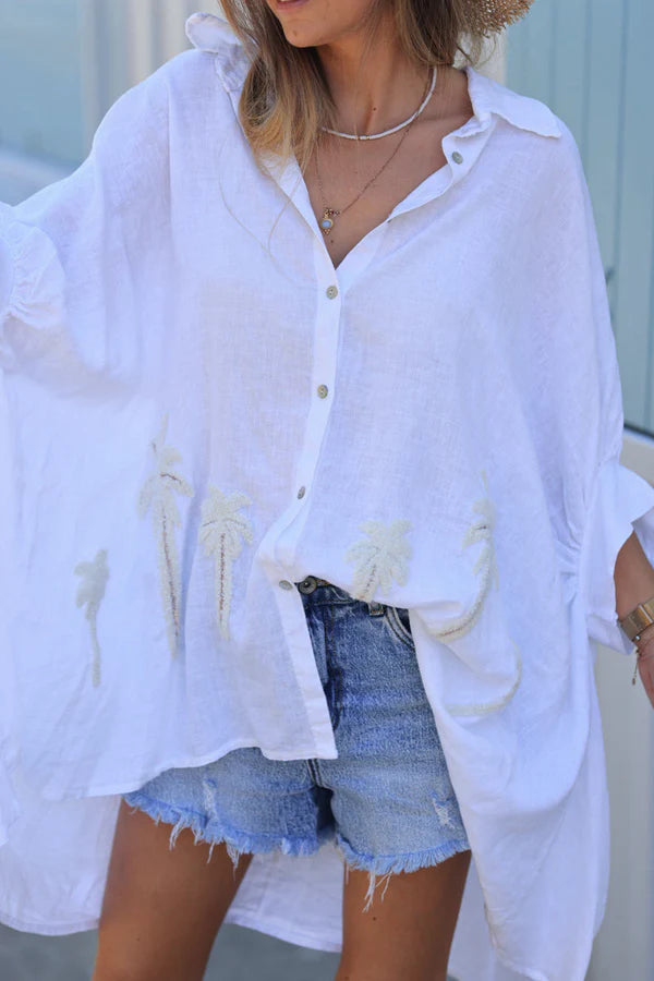 Off White Linen Blend Oversized Button-Down Shirt with Palm Tree in Boucle