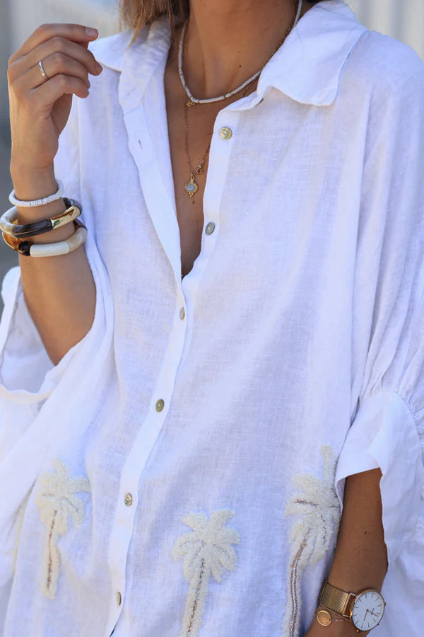 Off White Linen Blend Oversized Button-Down Shirt with Palm Tree in Boucle