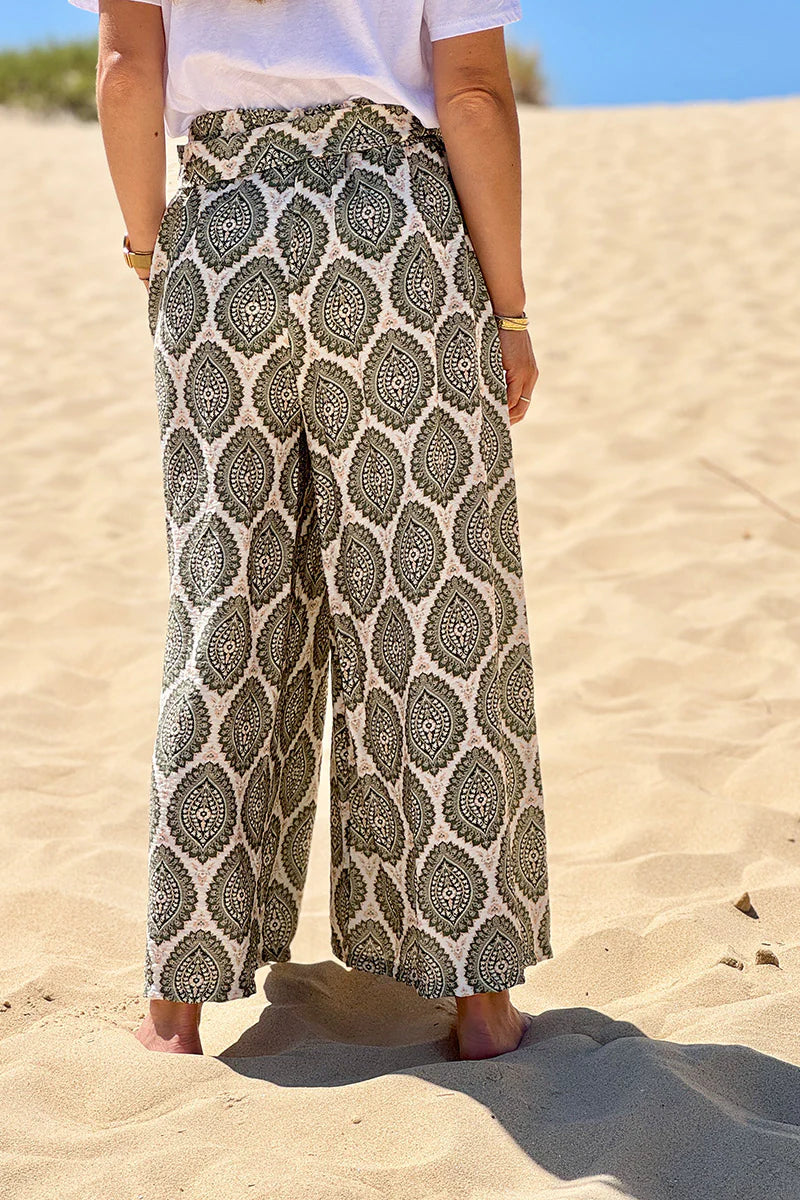 Olive Batik Medallions Belted Pull-On Pants