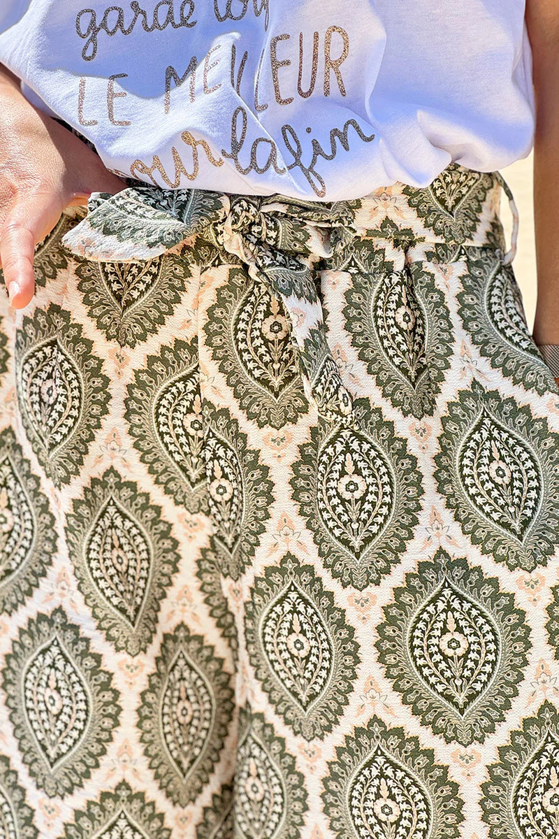 Olive Batik Medallions Belted Pull-On Pants