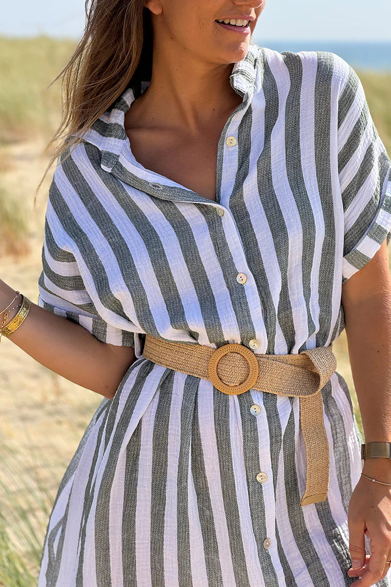 Olive Cabana Stripe Gauze Belted Shirt Dress