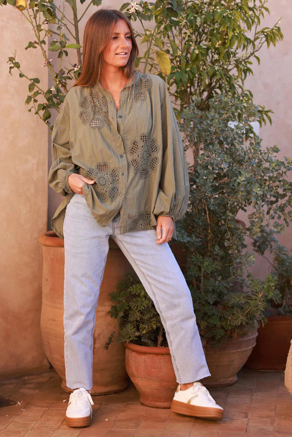 Olive Cotton Crochet Floral Inset Blouse