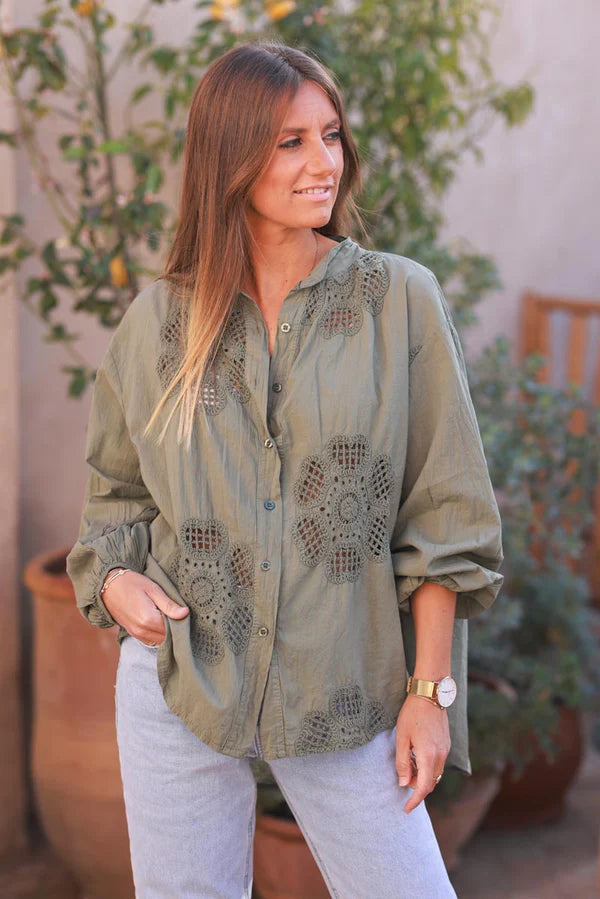 Olive Cotton Crochet Floral Inset Blouse