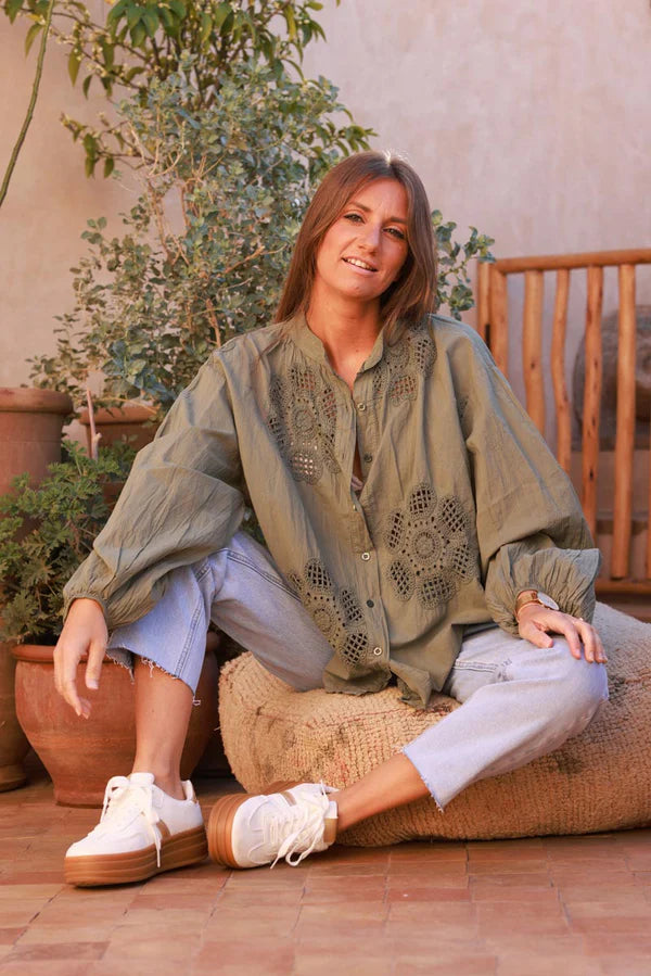 Olive Cotton Crochet Floral Inset Blouse