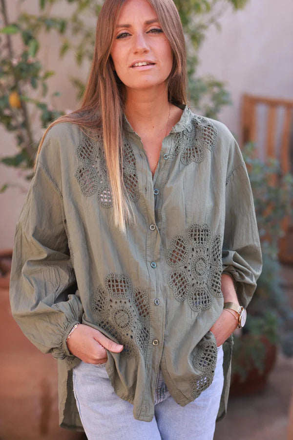 Olive Cotton Crochet Floral Inset Blouse