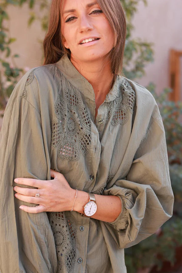 Olive Cotton Crochet Floral Inset Blouse