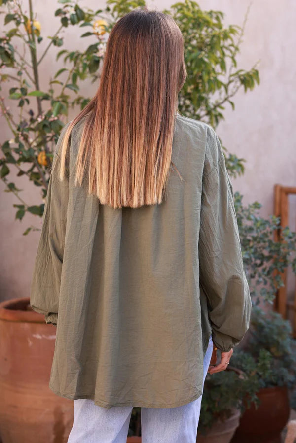 Olive Cotton Crochet Floral Inset Blouse