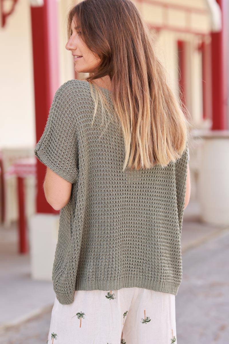Olive Crochet Knit Cap-Sleeve Top