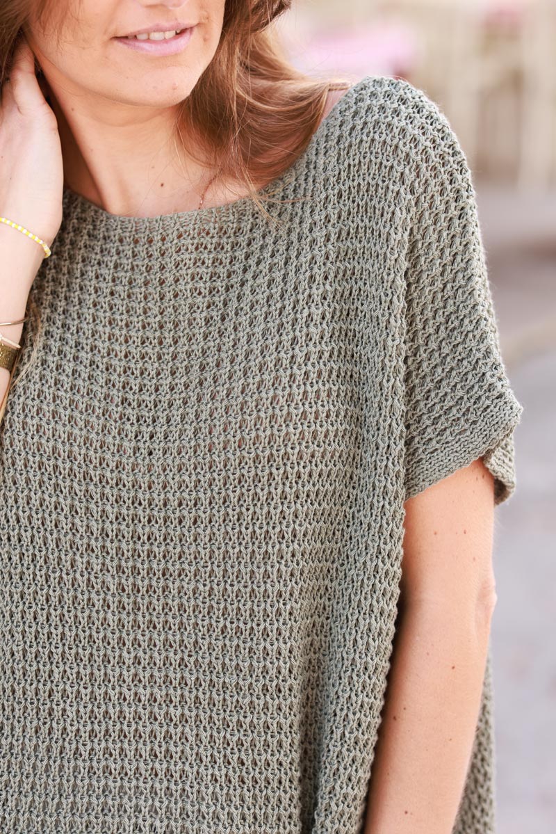Olive Crochet Knit Cap-Sleeve Top