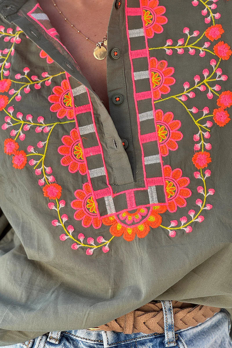 Olive Embroidered Half Placket Boho Blouse