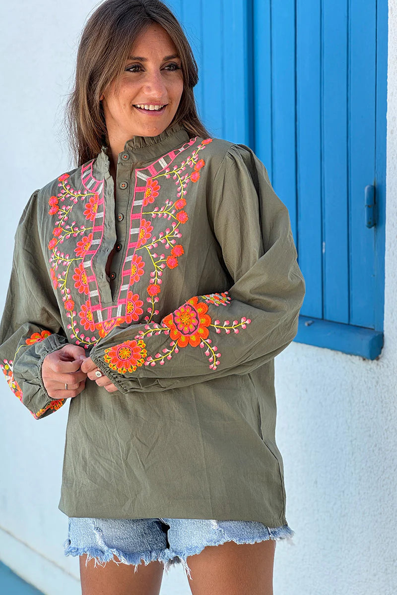 Olive Embroidered Half Placket Boho Blouse