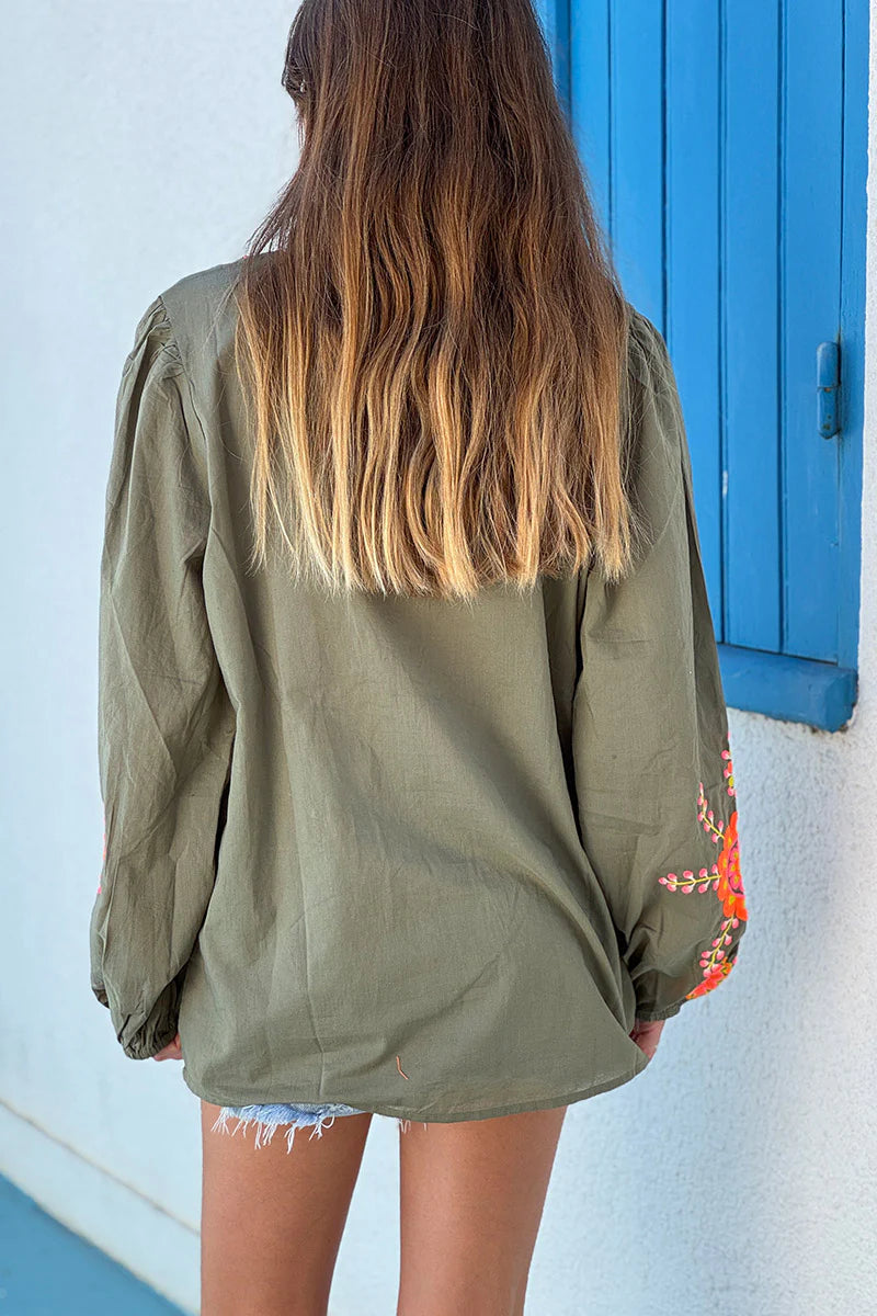Olive Embroidered Half Placket Boho Blouse
