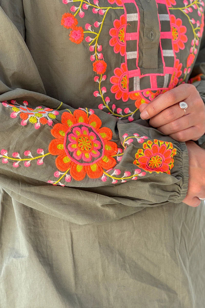 Olive Embroidered Half Placket Boho Blouse