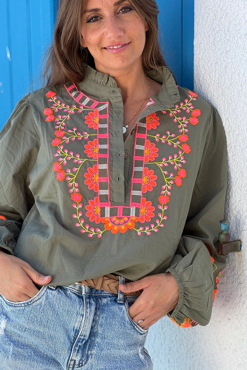 Olive Embroidered Half Placket Boho Blouse